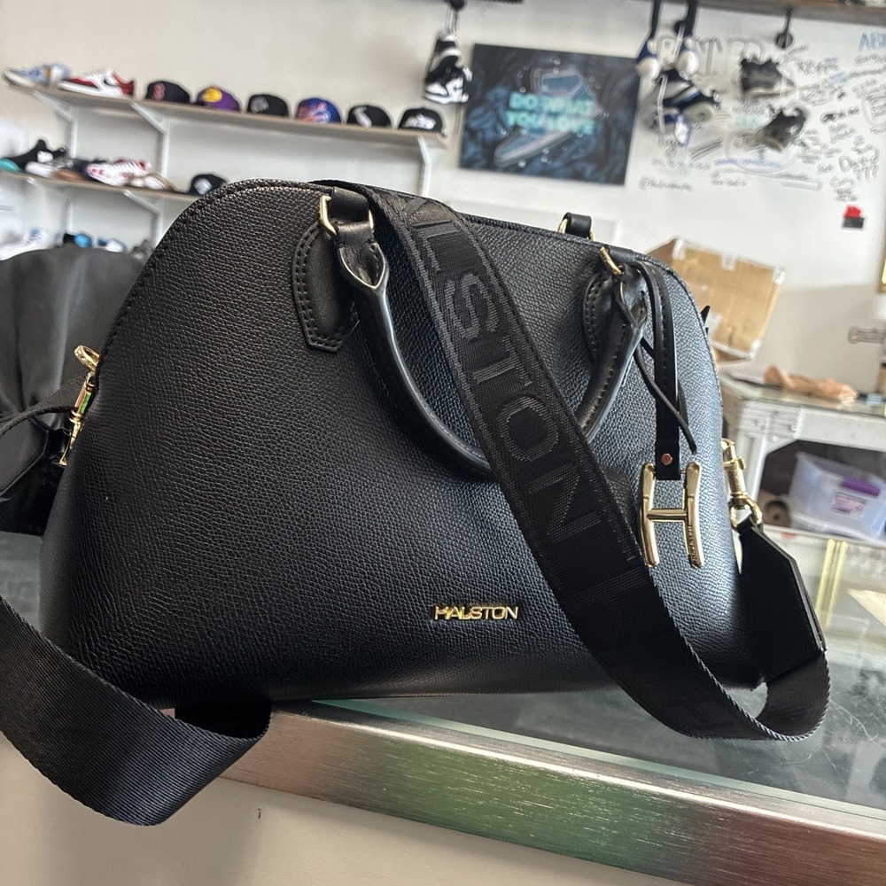 HALSTON Women's Quincy Top-handle Satchel Bag With Bag Charm Medium Black/Gold